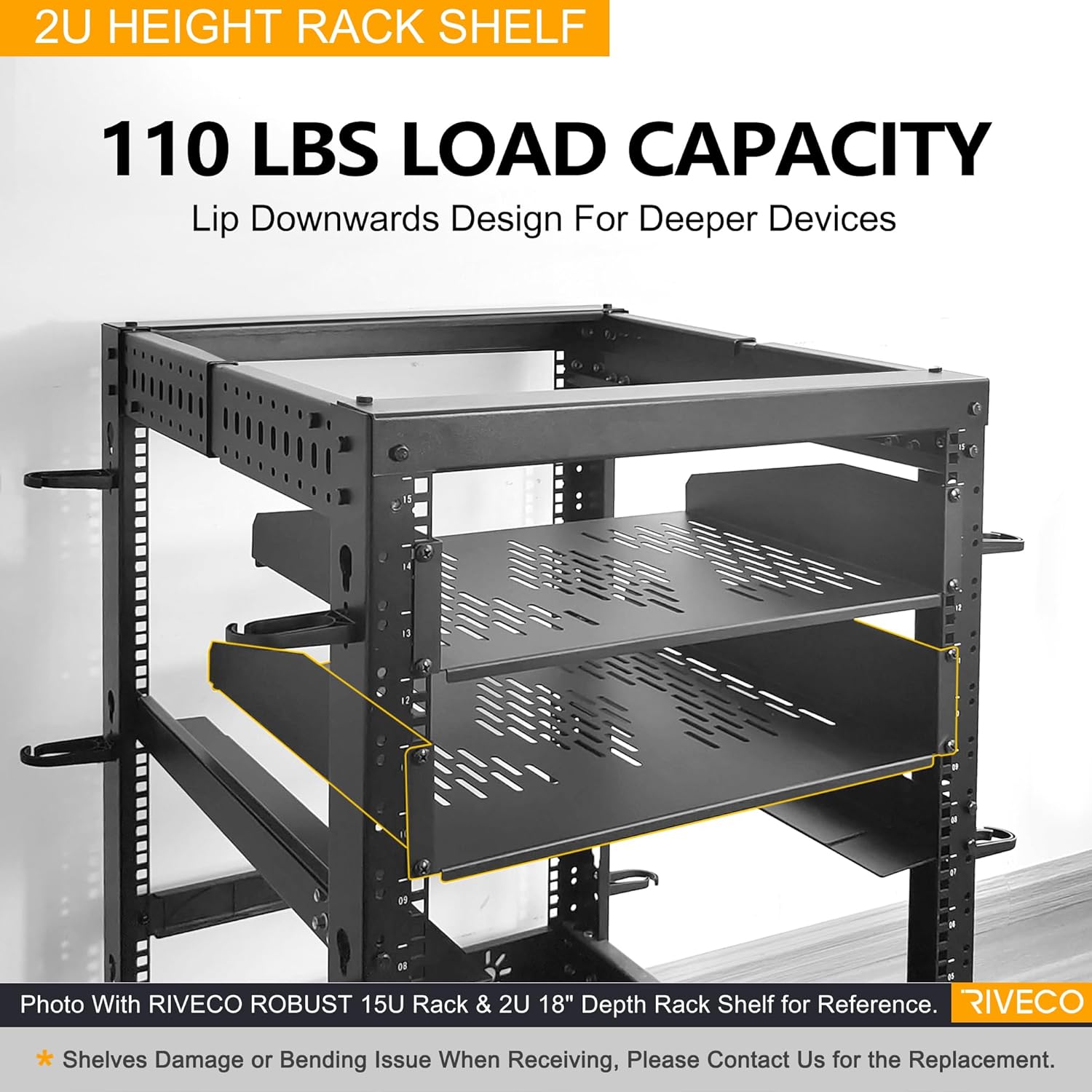 RIVECO 2U Server Rack Shelves for 19" Network Cabinet, Rack Mount Vented Cantilever Trays for Deep IT & Audio Equipment, 18" Depth, 2 PCS Black