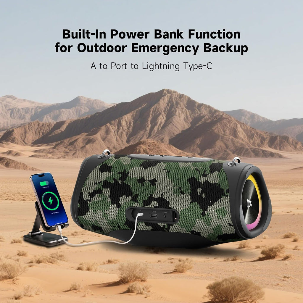 Portable Bluetooth Speaker 80W RMS,120W Peak Loud Subwoofer Wireless Stereo with HD Sound,8H Playtime IPX7 Waterproof for Party cmaping Beach (CAMO-80W RMS/120W Peak)