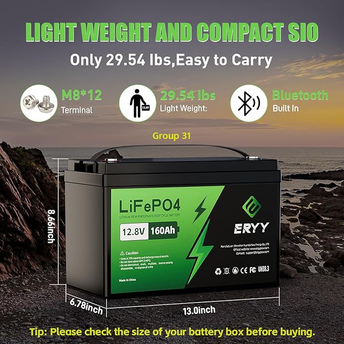12V 160Ah LiFePO4 Battery Bluetooth, Group 31 RV Lithium Batteries 12V, 2048Wh Energy & 100A BMS, 5000+ Deep Cycle Trolling Motor, RV, Boat, Solar, Off-Grid, Camping, Golf Cart