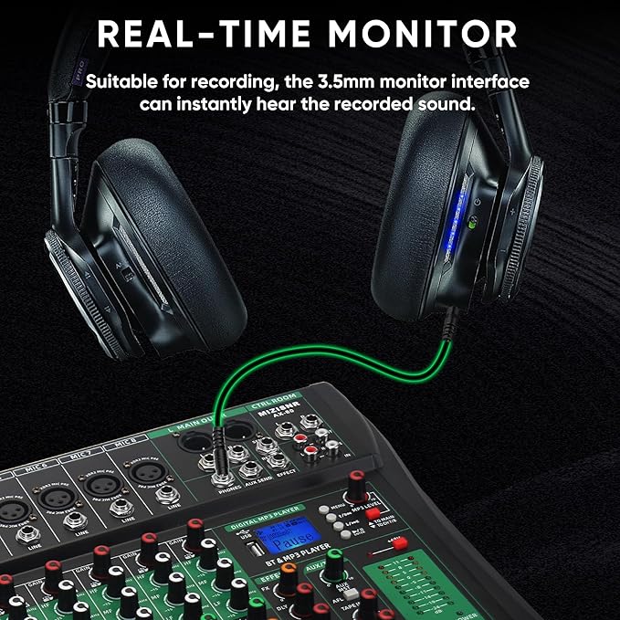 8 Channel Audio Mixer, Professional DJ Mixer Board Sound Music Mixing Console Digital Mixer with Reverb, Bluetooth, USB Port, 48V Phantom Power for Recording Karaoke Podcasting