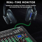 8 Channel Audio Mixer, Professional DJ Mixer Board Sound Music Mixing Console Digital Mixer with Reverb, Bluetooth, USB Port, 48V Phantom Power for Recording Karaoke Podcasting