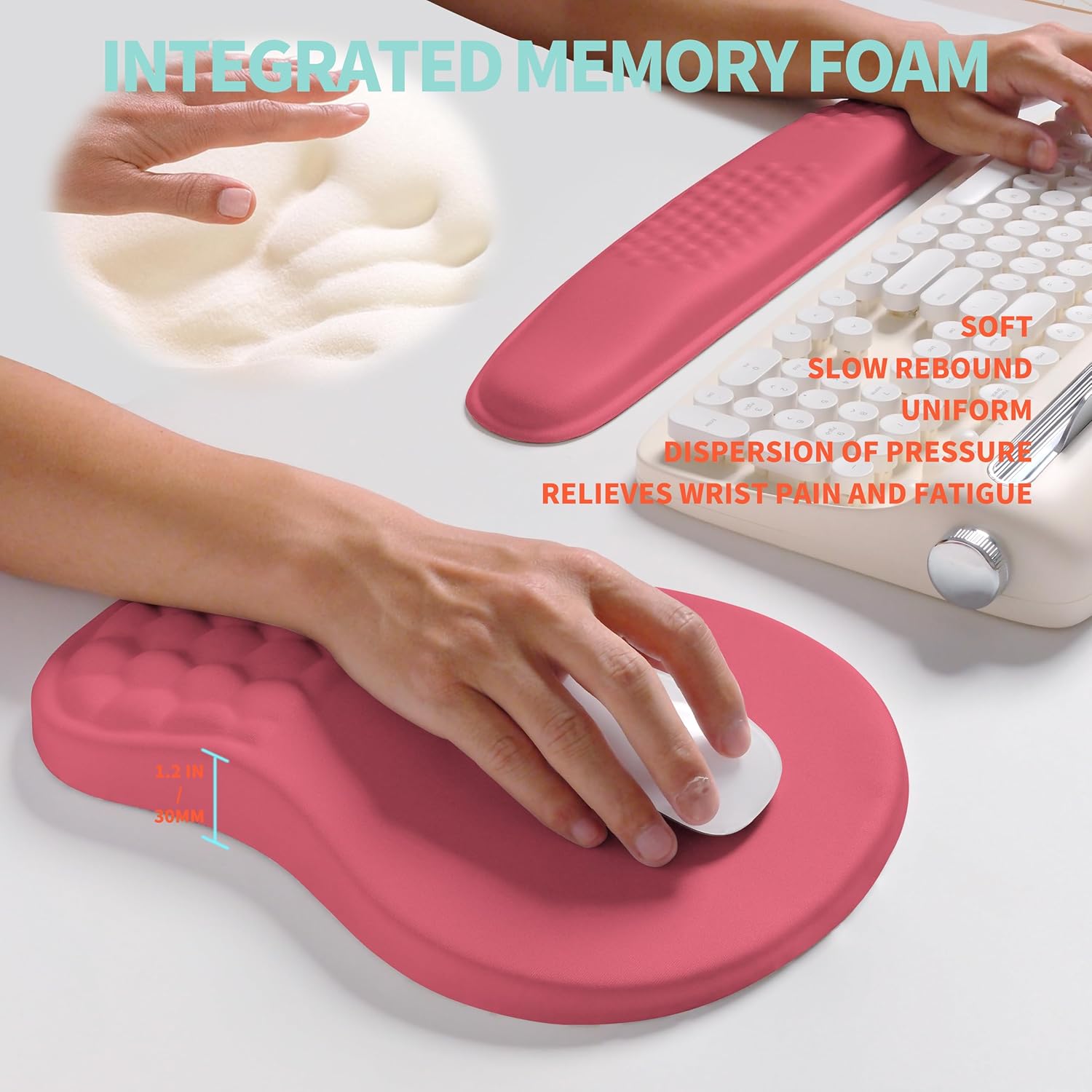 2-in-1 Ergonomic Set, Wave Rise Keyboard Wrist Rest and Massage Bulge Slope Mouse Pad Wrist Support, Cushion Memory Foam Integrated to Relieve Wrist Pain, Muskmelon Pink
