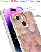 Jusy Case for iPhone 14 Plus/15 Plus, Colorful Retro Oil Painting Printed Flower Laser Blue Glossy Pattern Cute Curly Wave Phone Case Soft TPU Cover for Girly Women -Pink