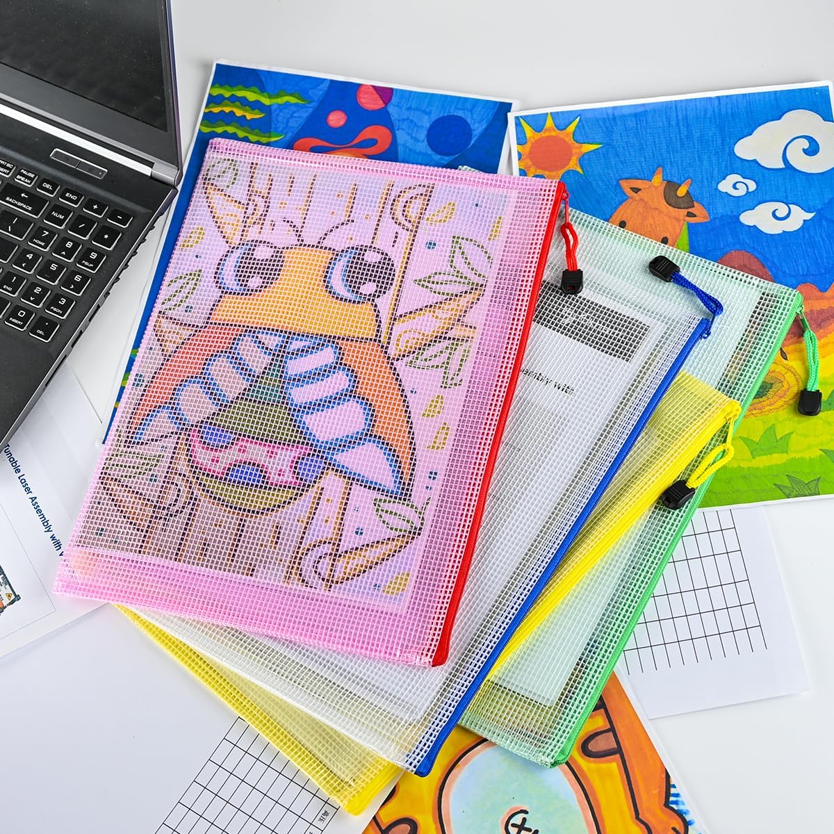 AUSTARK 10 Pcs Zipper File Bags, Waterproof Plastic Mesh Pouch for Office School, Board Game Storage Bags (A4 Size 13.4''x9.4'', Multicolored)