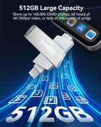 512GB Flash Drive for iPhone iPad, USB3.0 High-Speed Memory Stick No App Needed, Lightening & USB-C External Memory Storage for Photos Videos, Picture Backup Thumb Drive Plug & Play (Silver)