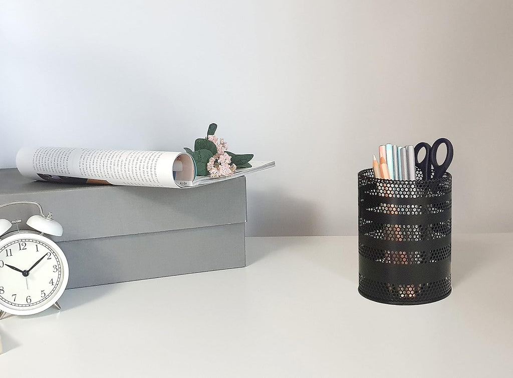 Metal Mesh Pen Pencil Cup Holder Stand Office Desk Organizer Stationery Caddy Makeup Brush Holder, Black (Large)