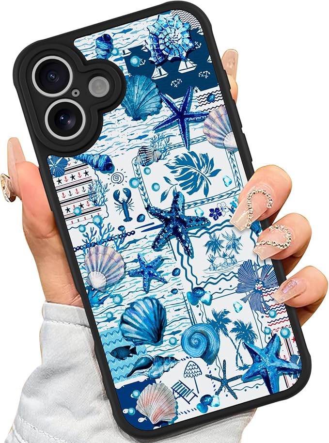 AIGOMARA Magnetic Case for iPhone 16 Plus [Compatible with MagSafe] Blue Shell Starfish Ocean Holiday Collage for Women Girls Men Soft TPU Bumper Hack PC Back Heavy Duty Protective Slim Cover