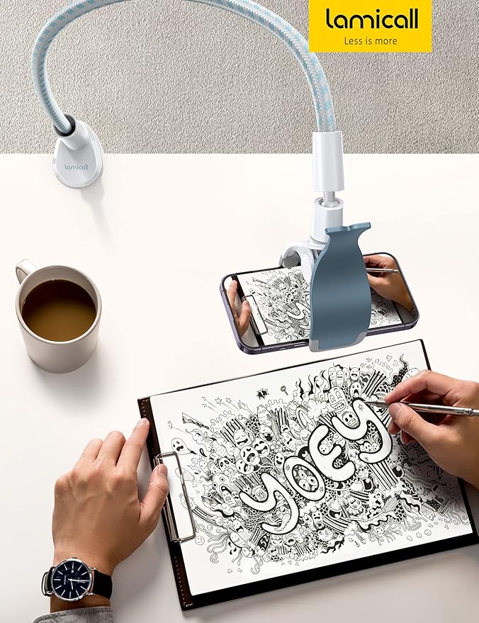 Lamicall Gooseneck Phone Holder Bed - [Nylon Braided] Flexible Arm, Overall Length 38inch, 360 Adjustable Clamp Clip, Overhead Cell Phone Mount Stand for Bed, Blue White