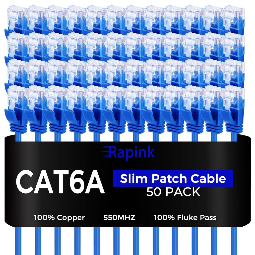 Rapink Patch Cables Cat6a 3ft (50 Pack) Slim, Cat6a Ethernet Patch Cable 10G Support, Snagless Cat 6 Patch Cable for Patch Panel to Switch, Flexiable Cat 6a Ethernet Cable with Gold Plated