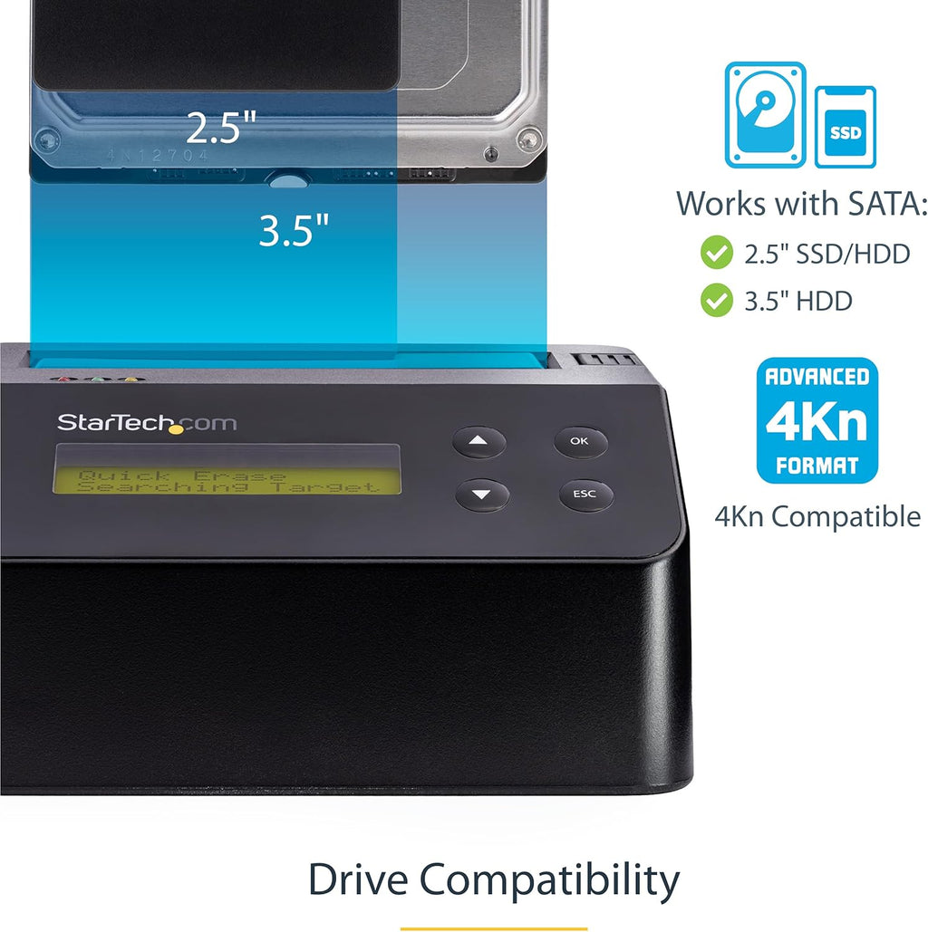 StarTech.com Single Bay Hard Drive Eraser, Standalone HDD/SSD Disk Wiper/Sanitizer, 4Kn, USB 3.0 to SATA III, 9 Erase Modes, LCD, RS232 Printer Port, Hardware Erasing Tool, TAA Compliant (SDOCK1EU3P2)