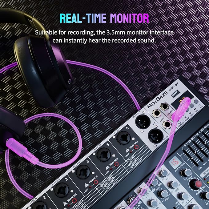 Professional Audio Mixer,6 Channel Audio Interface Sound Board Mixing Console System with Monitor,16 DSP DJ Bluetooth Mixer Reverb Effect +48V Phantom For Karaoke Studio Streaming Recording