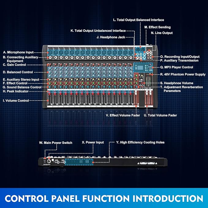 16 Channel Audio Mixer, Soundboard Mixing Console Sound Mixer DJ Sound Controller with USB & Bluetooth, Studio Audio Mixer for Professional and Beginners (16 Channel)