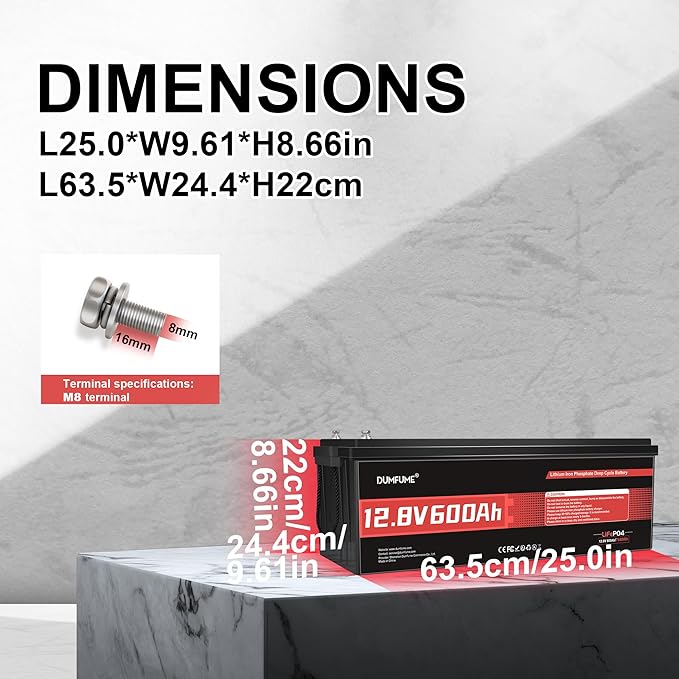 12V 600Ah LiFePO4 Lithium Battery Built-in 200A BMS 10000+ Deep Cycle 7200Wh Deep Cycle Lithium Iron Phosphate Battery Perfect for RV, Solar System, Off Grid, Home Energy Storage