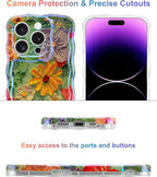 Jusy Compatible with iPhone 16 Pro Max, Colorful Retro Oil Painting Printed Flower Laser Glossy Pattern Cute Curly Wave Phone Case Soft TPU Cover for Girly Women - Green Yellow