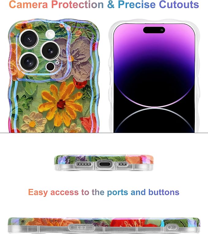 Jusy Compatible with iPhone 14 Pro, Colorful Retro Oil Painting Printed Flower Laser Glossy Pattern Cute Curly Wave Phone Case Soft TPU Cover for Girly Women - Green Yellow