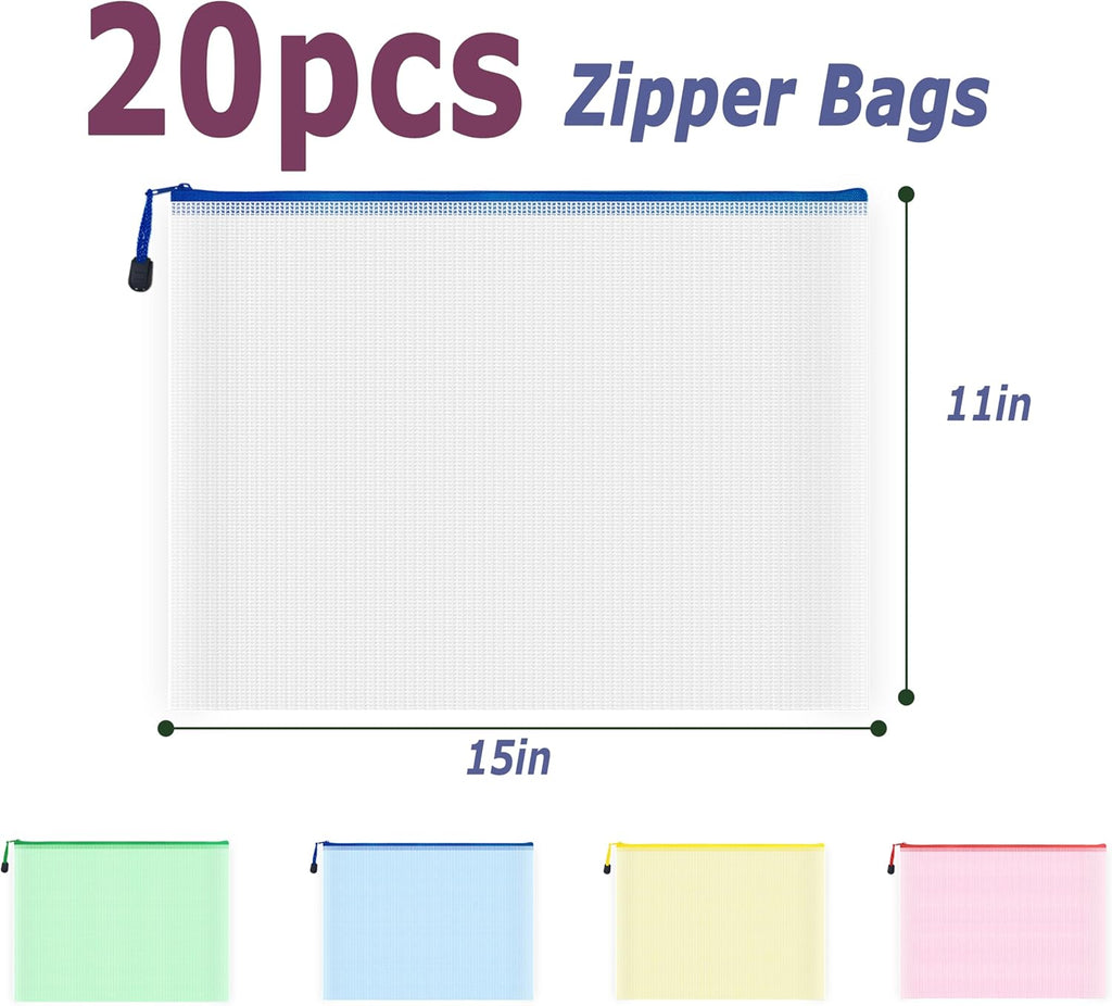 AUSTARK 20Pcs Board Games Storage Bags, PVC Mesh Zipper Pouches, Zippered File Bags, Plastic Waterproof Storage Bags for Office School Home Travel Cosmetic (B4 Size 15 x 11 Inches, Multicolored)