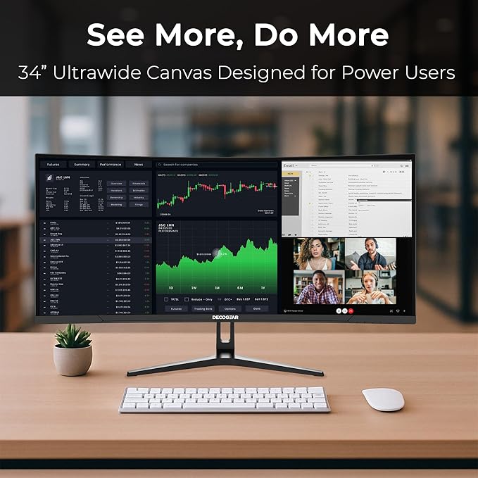 Deco Gear 34” Curved Ultrawide Business Monitor | 3440x1440, 100Hz, 1500R, 99% sRGB | Adjustable Stand, 2 HDMI and 2 DisplayPort | HDR, Low Blue Light, PIP/PBP