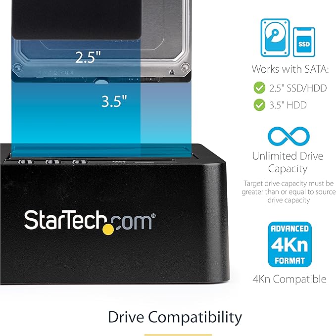 StarTech.com Standalone Hard Drive Duplicator, External Dual Bay USB 3.0 (5 Gbps) / eSATA to 2.5/3.5" SATA III HDD/SSD Cloner/Copier, Hard Disk Docking Station, Cloning/Recovery (SDOCK2U33RE),Black