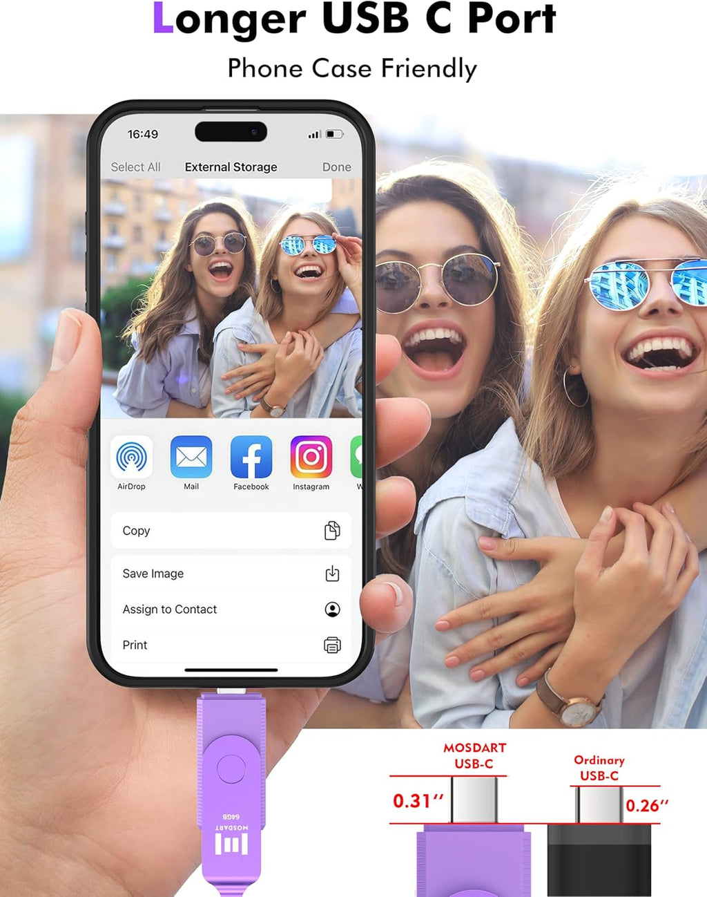 MOSDART 64GB USB3.1 Fast Speed C and A Dual Flash Drive, exFAT Memory Stick with Keychain and LED Indicator, for iPhone 15 and 16, Android Phone, iPad, MacBook, and Other Laptops, Purple