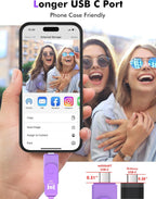 MOSDART 64GB USB3.1 Fast Speed C and A Dual Flash Drive, exFAT Memory Stick with Keychain and LED Indicator, for iPhone 15 and 16, Android Phone, iPad, MacBook, and Other Laptops, Purple