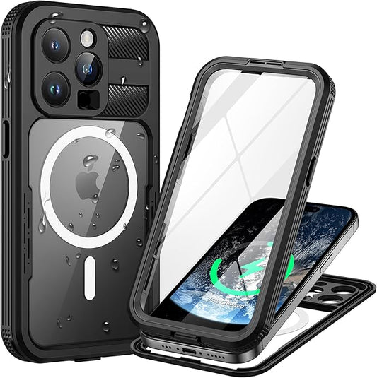 Lanhiem Magnetic for iPhone 15 Pro Case, IP68 Waterproof Dustproof Case, [Compatible with Magsafe] [Built-in Screen Protector] Full Body Heavy Duty Rugged Phone Cover 6.1 inch, Black