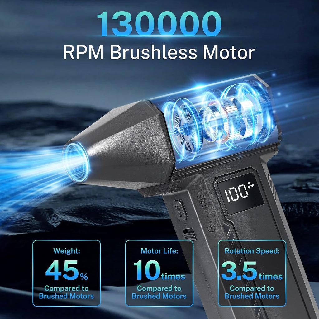 2-in-1 Electric Compressed Air Duster & Car Vacuum Cleaner - 130000RPM High Power Air Blower with LED Light 100-Gear Rechargeable Strong Keyboard Cleaner for PC, Laptop, Home, Car - Black