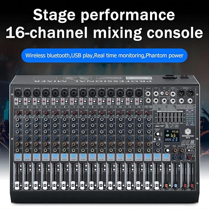W IN-MIX DX16 Professional DJ Audio Mixer 16 Channel with 99 DSP Effects,7-band EQ,Independent 48V Phantom Power&Mute Button,Bluetooth Function,USB Interface Recording For Studio & Stage