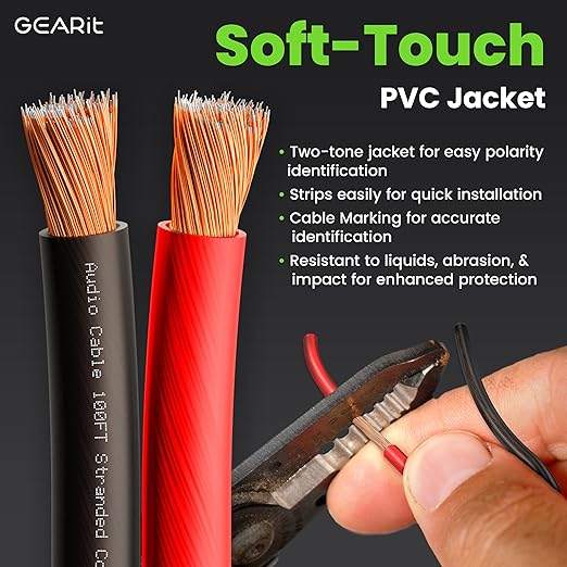 14 Gauge Car Speaker Wire, GearIT Pro Series (100 Feet, Soft Touch Translucent Red / Black) Copper Clad Aluminum CCA 14 AWG Automotive Car Speaker Wire for Car Stereo, Car Audio Wiring Kit - 100ft