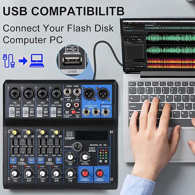Dj Mixers 8 Channel Audio Mixer Sound Board with Bluetooth, Usb Audio Interface with Sound Card Recording and 48V Phantom Power Sounds Mixer Board with 99 DSP FX Reverb Delay Effect for Streaming
