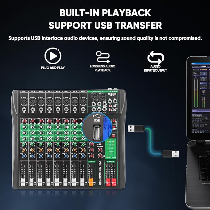 8 Channel Audio Mixer, Professional DJ Mixer Board Sound Music Mixing Console Digital Mixer with Reverb, Bluetooth, USB Port, 48V Phantom Power for Recording Karaoke Podcasting