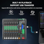 8 Channel Audio Mixer, Professional DJ Mixer Board Sound Music Mixing Console Digital Mixer with Reverb, Bluetooth, USB Port, 48V Phantom Power for Recording Karaoke Podcasting