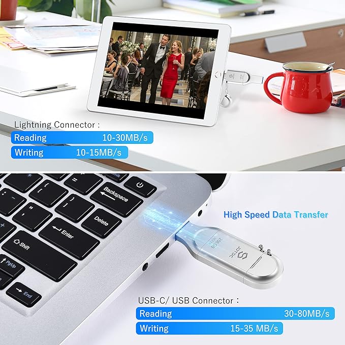 MFi Certified 256GB 3-in-1 Photo-Stick-for-iPhone-USB-Flash-Drive Photo-Storage-Stick-iPhone-Thumb-Drive External-Storage-Mobile-for-Android iPad Type-C Flash Drive Photo-Stick for iPhone 16/15/14