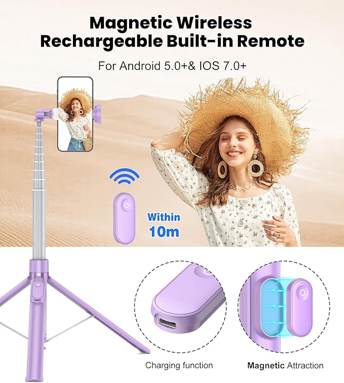 TONEOF 66" Automatic Tripod,Auto-Open Phone Tripod Stand with Magnetic Rechargable Remote,Selfie Stick Tripod 360° Vertical & Horizontal Rotatable,Stable Travel Tripod for iPhone/Android(Purple)