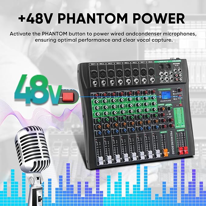 8 Channel Audio Mixer, Professional DJ Mixer Board Sound Music Mixing Console Digital Mixer with Reverb, Bluetooth, USB Port, 48V Phantom Power for Recording Karaoke Podcasting