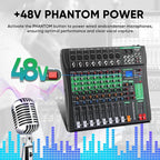 8 Channel Audio Mixer, Professional DJ Mixer Board Sound Music Mixing Console Digital Mixer with Reverb, Bluetooth, USB Port, 48V Phantom Power for Recording Karaoke Podcasting
