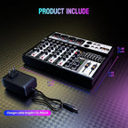 Professional Audio Mixer, 4 Channel Audio Interface Sound Board Mixing Console System Monitor, NEW BAXS 16-Bit DSP DJ Bluetooth Mixer +48V Phantom Effect For Karaoke Studio Streaming Recording