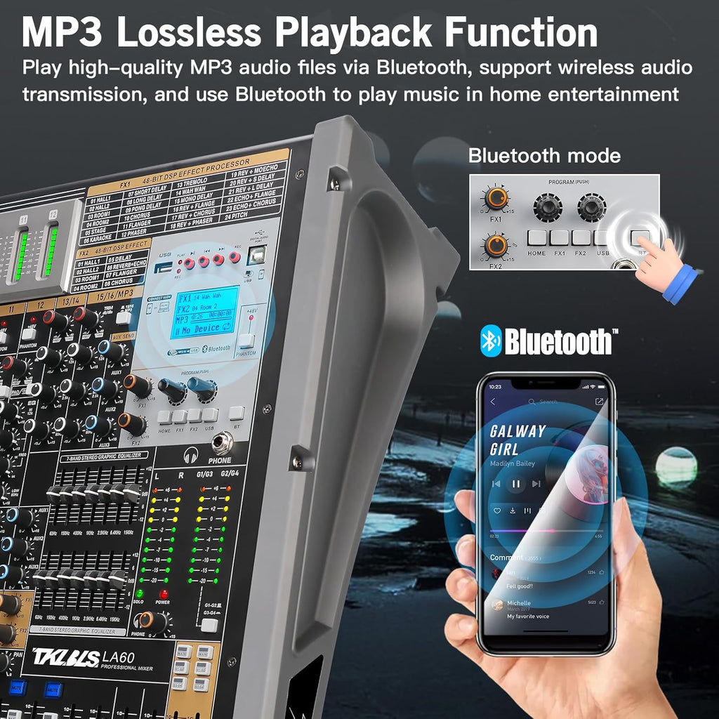 Professional Audio Mixer, 12 Channel Sound Board Mixing Console, Dual DSP Reverb Studio Mixer Board, Dual 7-Band EQ, 48V Phantom Power, 4 Group Stereo Output Input, PAD