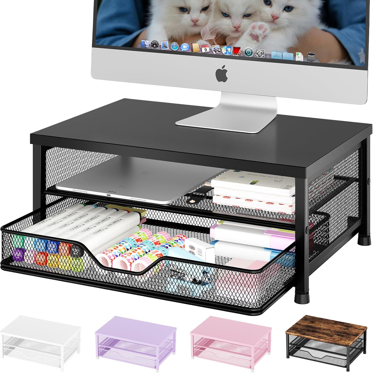 Desk Organizers and Accessories, 2-Tier Computer Monitor Stand Riser with Drawer, Laptop Stand, Office Desk Accessories, Workspace Desktop Organizer for Office Supplies, Black