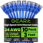 GearIT Cat 6 Ethernet Cable Pack - 10-Pack 3 ft Cat6 Ethernet Patch Cables | RJ45 Network Patch Cable, 10 Gbps Snagless Gold-Plated Connectors - Ethernet Cable Cat 6 for PC, TV, Router - Blue
