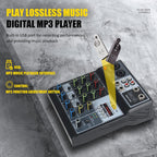 Mini audio audio mixers DJ mixer Sound Board Console System,4 Channel 48V Phantom Power with Bluetooth USB MP3 Stereo live DJ Studio Streaming for professional recording party KTV stage