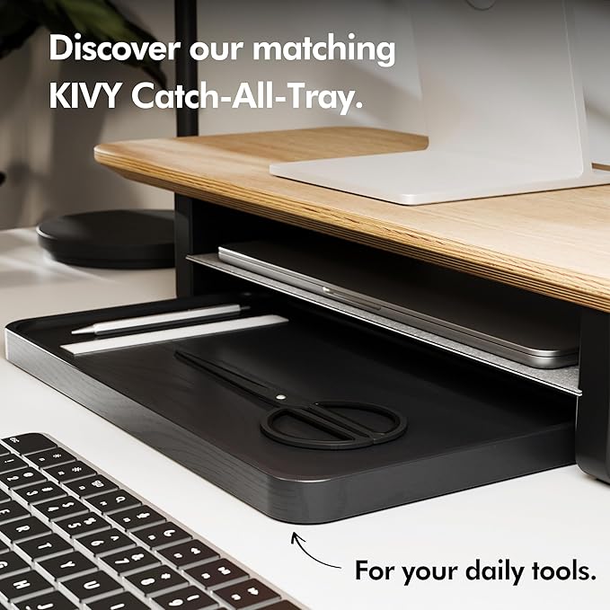 KIVY Dual Monitor Riser With Integrated Metal Shelf [MADE BY HAND] - Wooden Desk Shelf for 2 Monitors - Wide Long Stand for Desk (44 x10x3in - Oak)