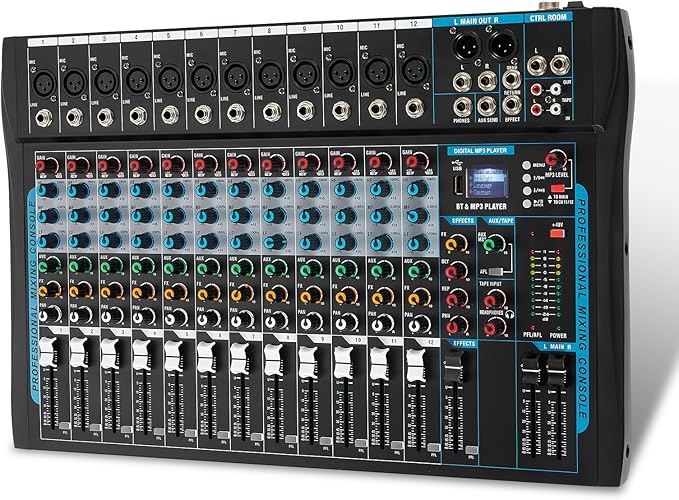 12 Channel Audio Interfacer Sound Board Mixer DJ Mixer 16-Bit DSP Effect USB Audio Mixer +48V Phantom Power Bluetooth Mixer for Karaoke Studio Streaming Recording,Live Streaming