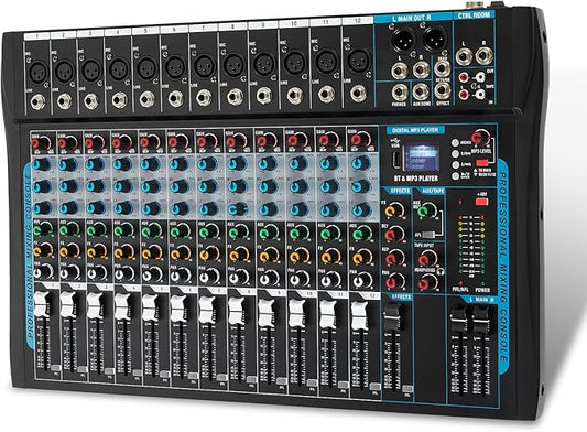 12 Channel Audio Interfacer Sound Board Mixer DJ Mixer 16-Bit DSP Effect USB Audio Mixer +48V Phantom Power Bluetooth Mixer for Karaoke Studio Streaming Recording,Live Streaming