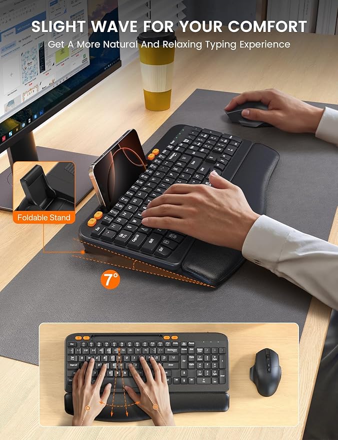 Wireless Keyboard and Mouse Combo, Ergonomic Wave Keys, Cushioned Plam Rest, Rechargeable, Phone Holder, Natural Typing, 2.4G Lag-Free, Full Size Keyboards Cordless Set for Windows/Mac -SABLUTE