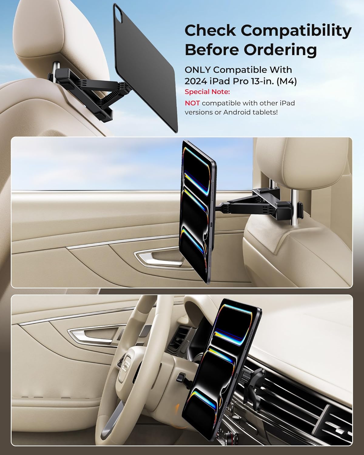 KU XIU Magnetic iPad Holder for Car Headrest,Backseat Tablet Car Mountfor iPad Pro 13" M4 (2024) Only,iPad Car Holder Back Seat Travel Accessories Long Road Trip Essentials for Kids