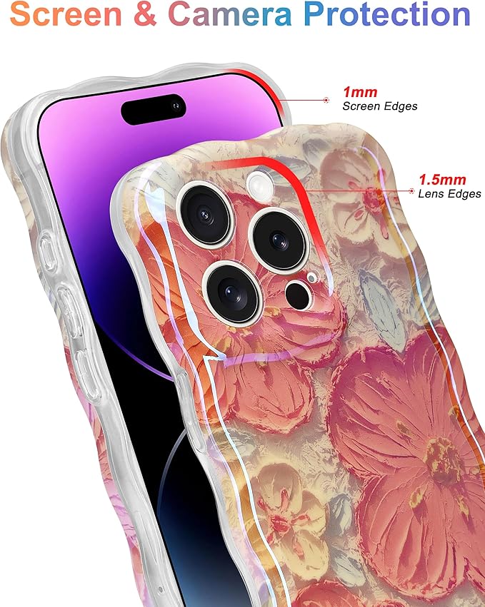 Jusy Compatible with iPhone 13 Pro Max, Colorful Retro Oil Painting Printed Flower Laser Glossy Pattern Cute Curly Wave Phone Case Soft TPU Cover for Girly Women - Orange White