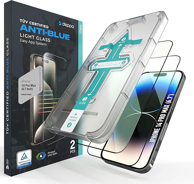 Deppa |2 Pack| Anti-Blue Light Screen Protector for iPhone 14 Pro Max (6.7')| Scratch Resistant Tempered Glass | 3D Edge to Edge Coverage | Easy Installation Kit | Eye Safeguard TÜV Certified