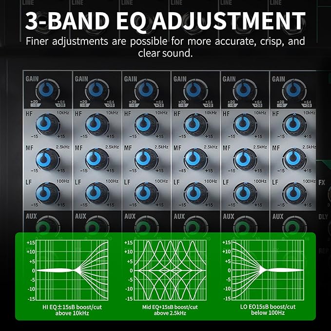 XTUGA 6 Channel Audio Mixer Sound Board Mixing Console, Audio Interface PC USB Bluetooth with 48V Phantom Digital Effect for DJ Live Recording Studio Karaoke(CT60)