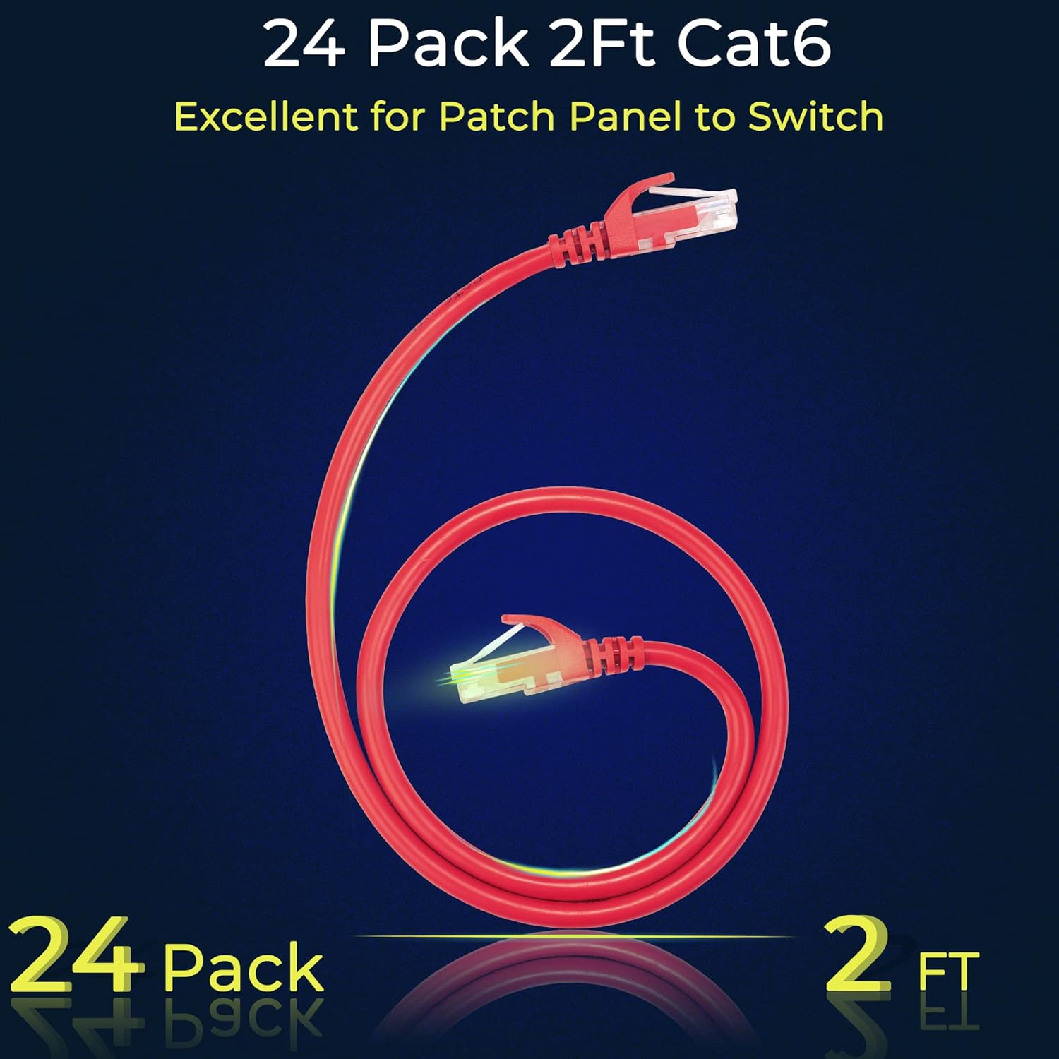 Rapink Patch Cables Cat6 2ft (24 Pack), Ethernet Patch Cable 10G Support, Cat 6 Patch Cable for Patch Panel to Switch, Flexiable Cat 6 Ethernet Cable with Gold Plated Red