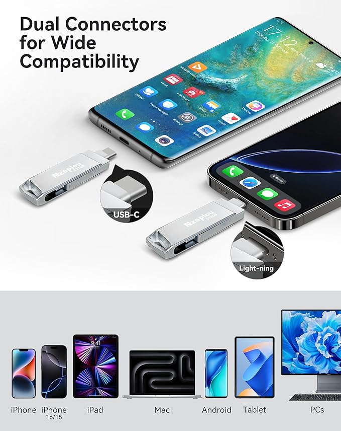 512GB Flash Drive for iPhone iPad, USB3.0 High-Speed Memory Stick No App Needed, Lightening & USB-C External Memory Storage for Photos Videos, Picture Backup Thumb Drive Plug & Play (Silver)